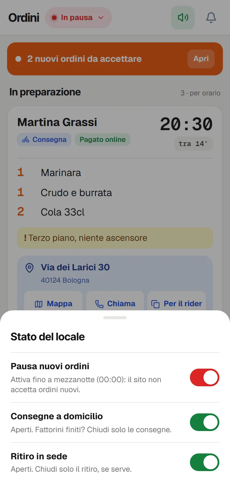 I comandi del locale nel pannello: pausa dei nuovi ordini fino a mezzanotte, consegne e ritiro